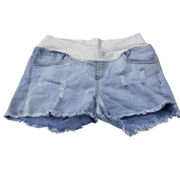Distressed Denim Maternity Shorts With Soft Grey Waistband For Comfort - Picture 1 of 6